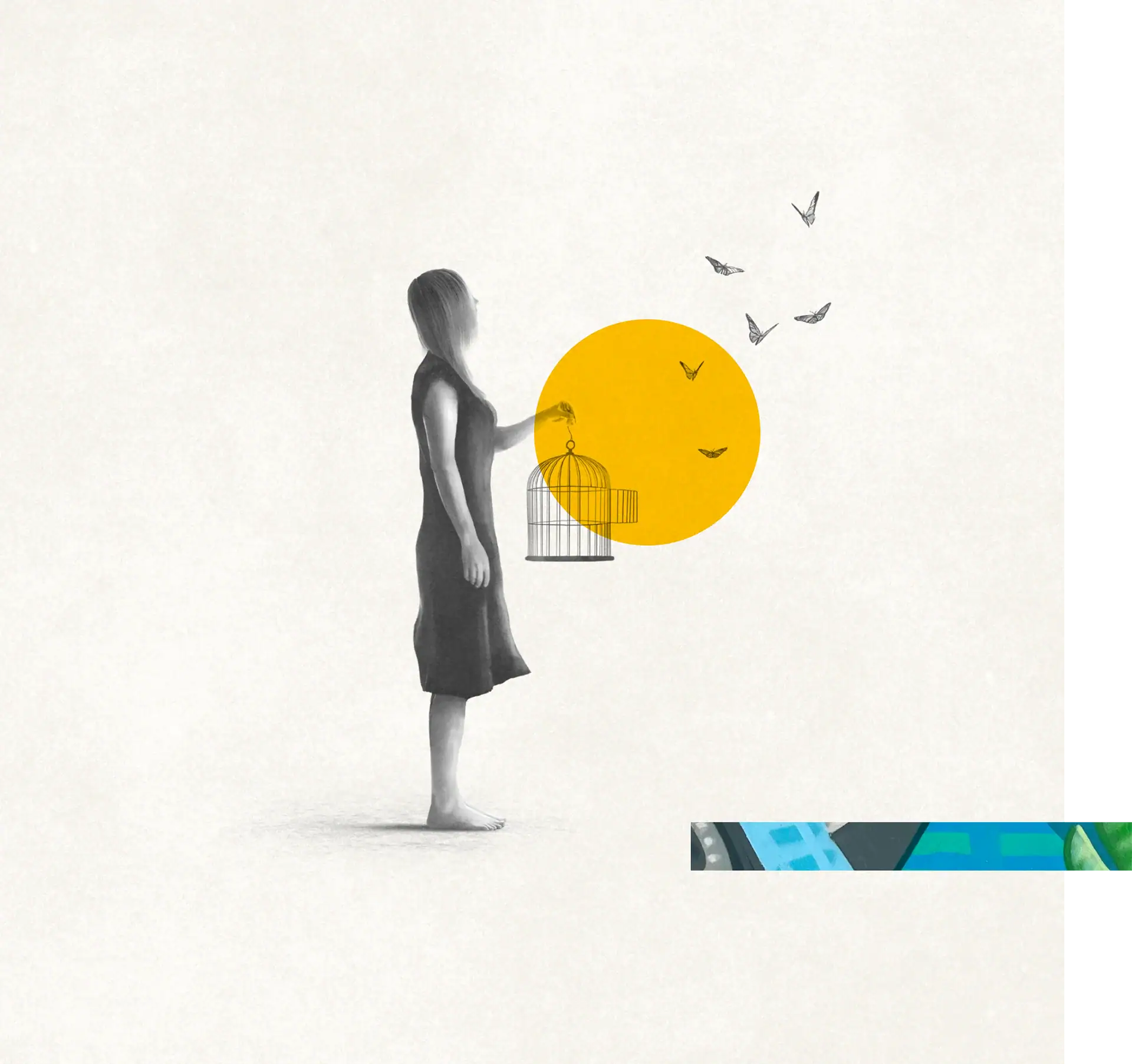 Woman holding a birdcage with flying butterflies and a yellow sun in the background.