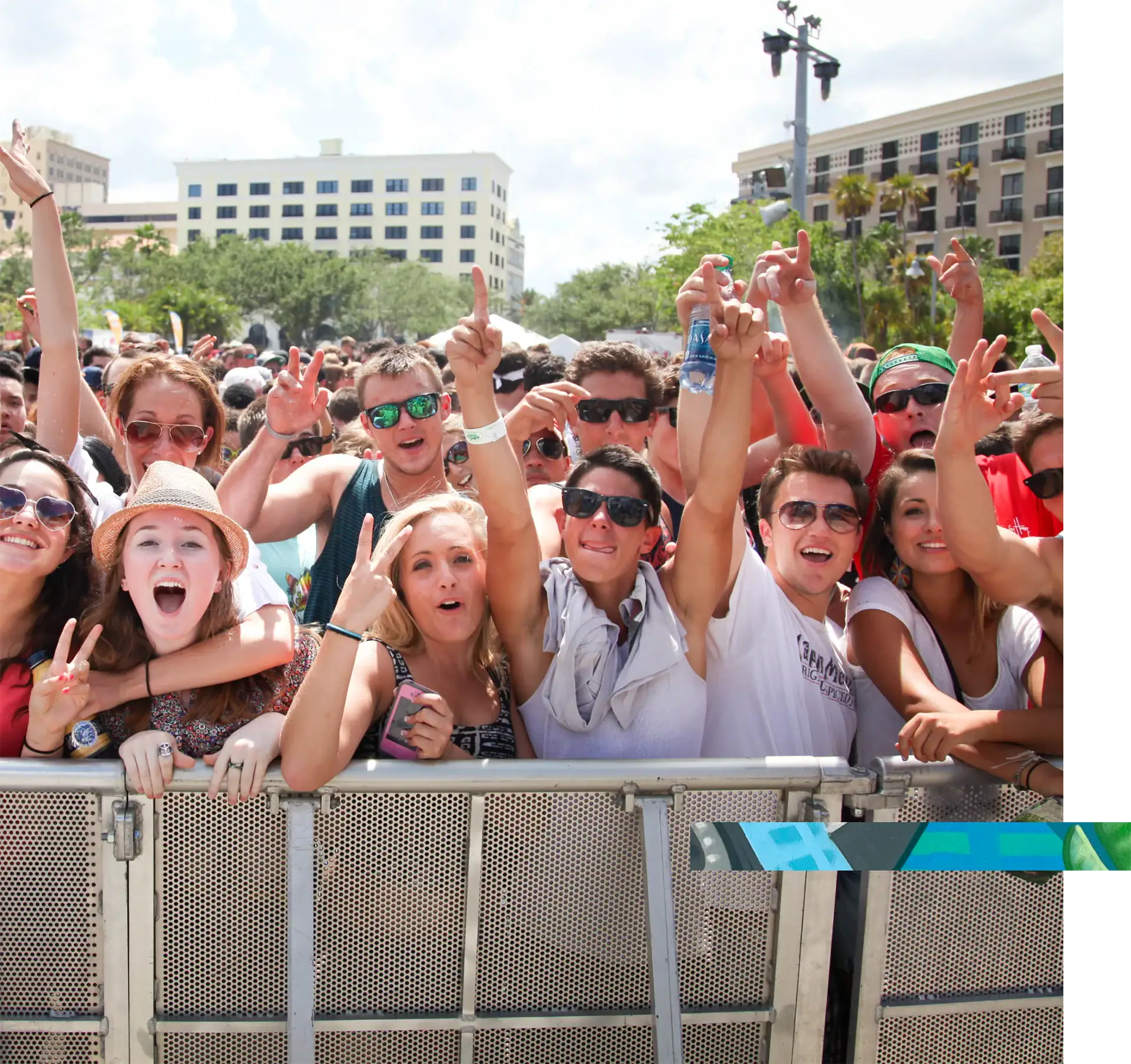 Crowd at outdoor music festival cheering and dancing.