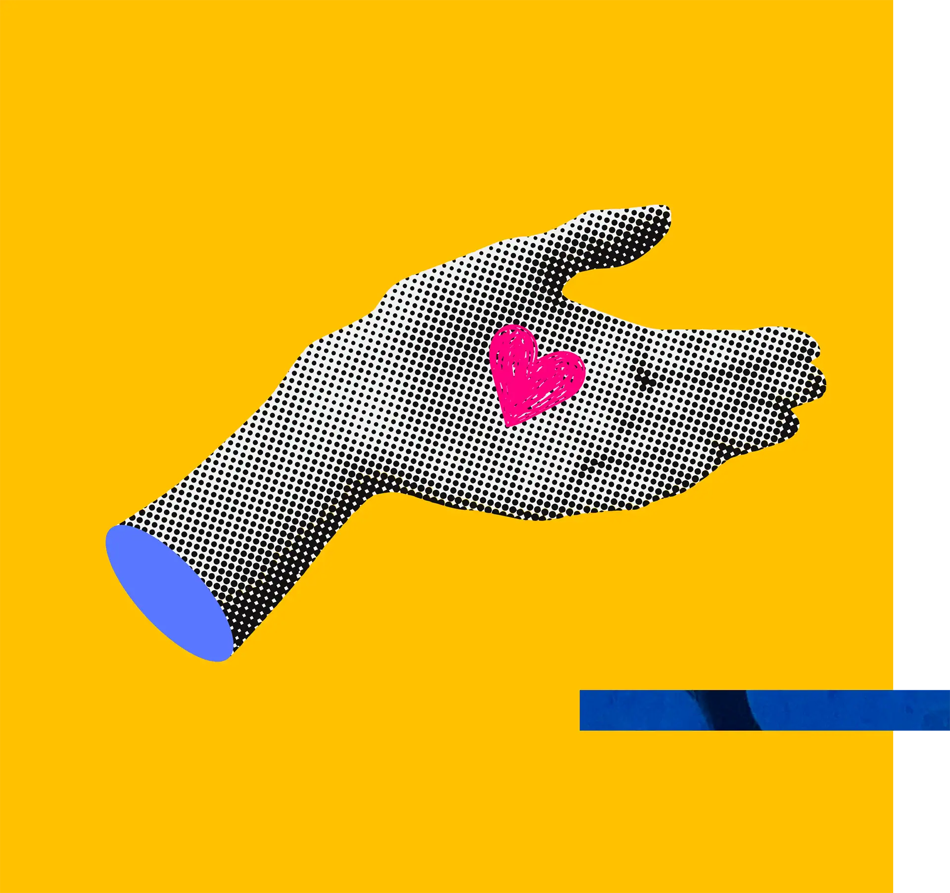 Hand with pink heart, pop art style, on yellow background.