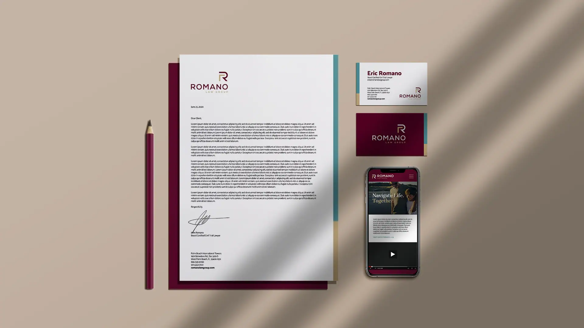 Romano Branding on various different office items, pencil, paper, business cards, and new website displayed on mobile phone