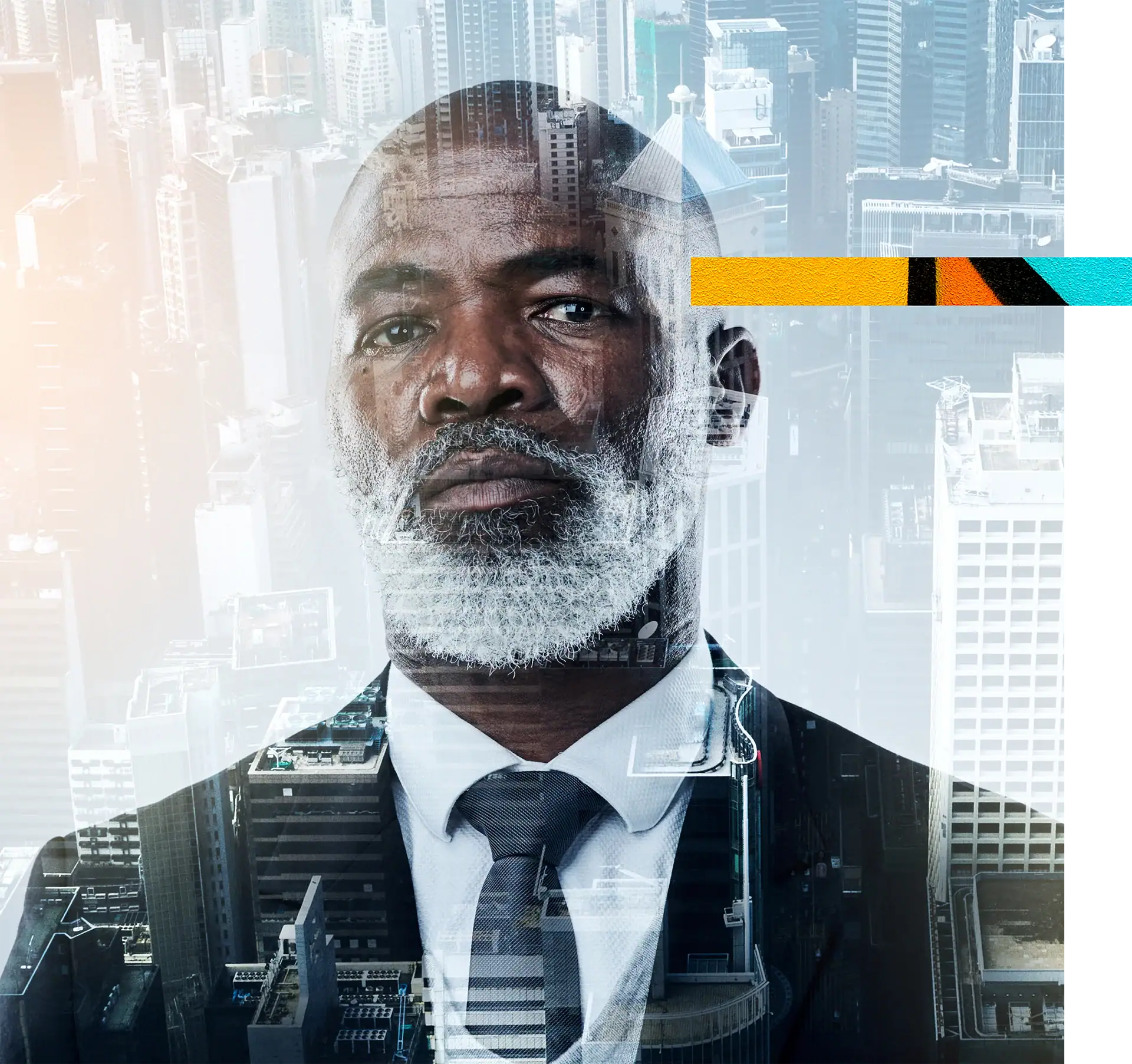 Business professional with a city background, symbolizing urban growth and corporate success.