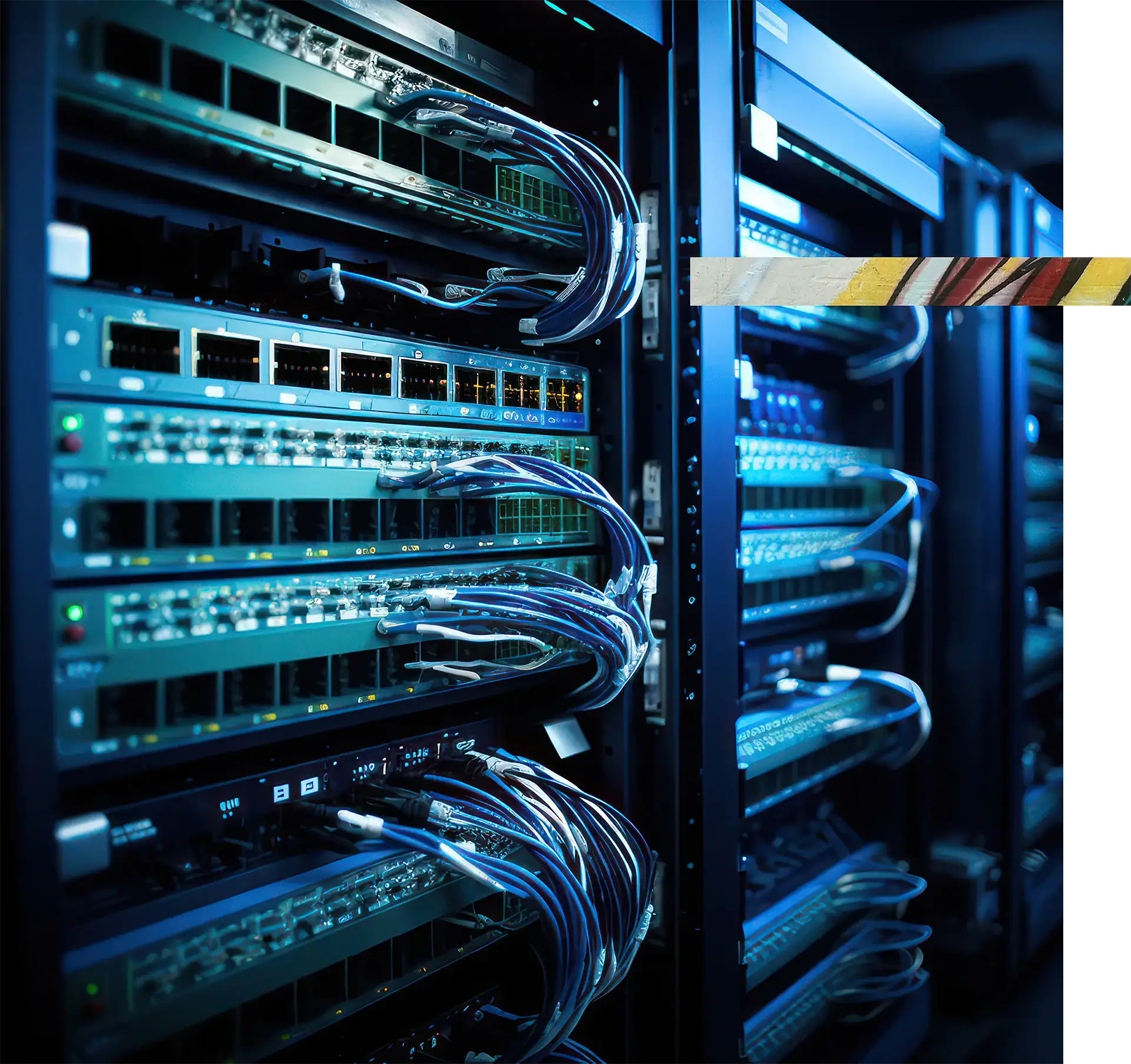 Data center server racks with network cables and blinking lights.