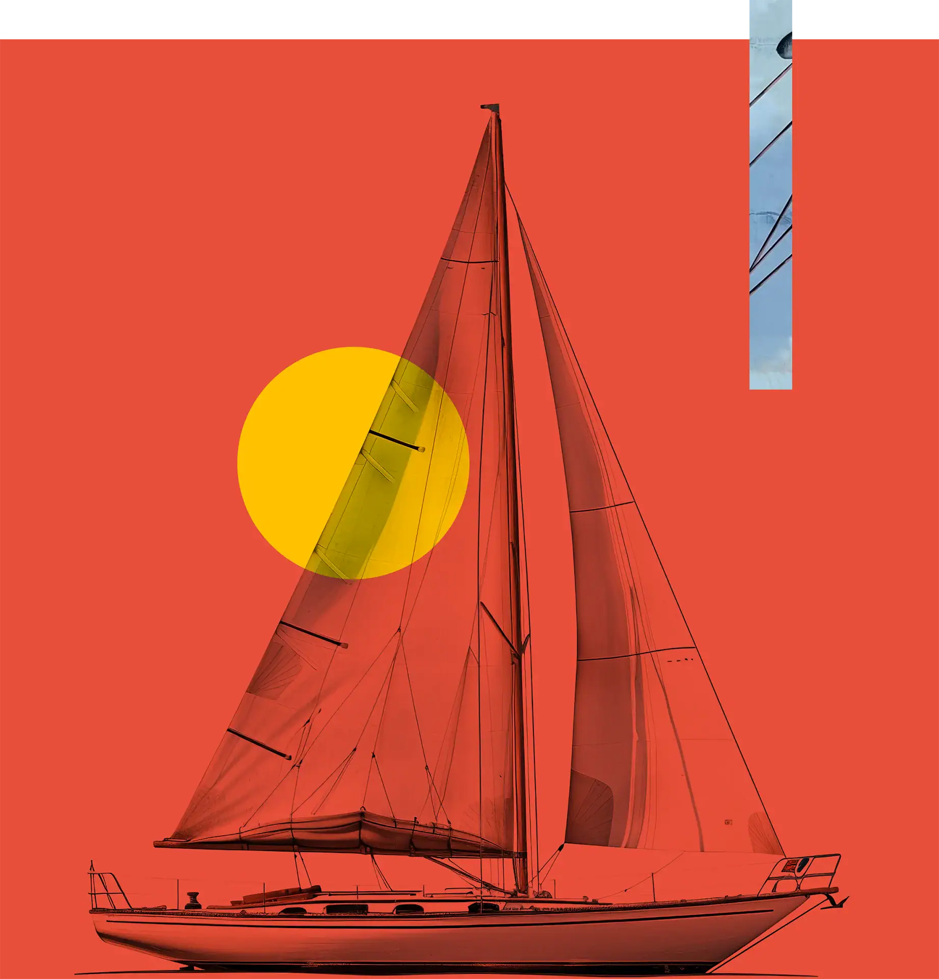 Sailing yacht with red sails under a clear sky, featuring a yellow sun in the background.