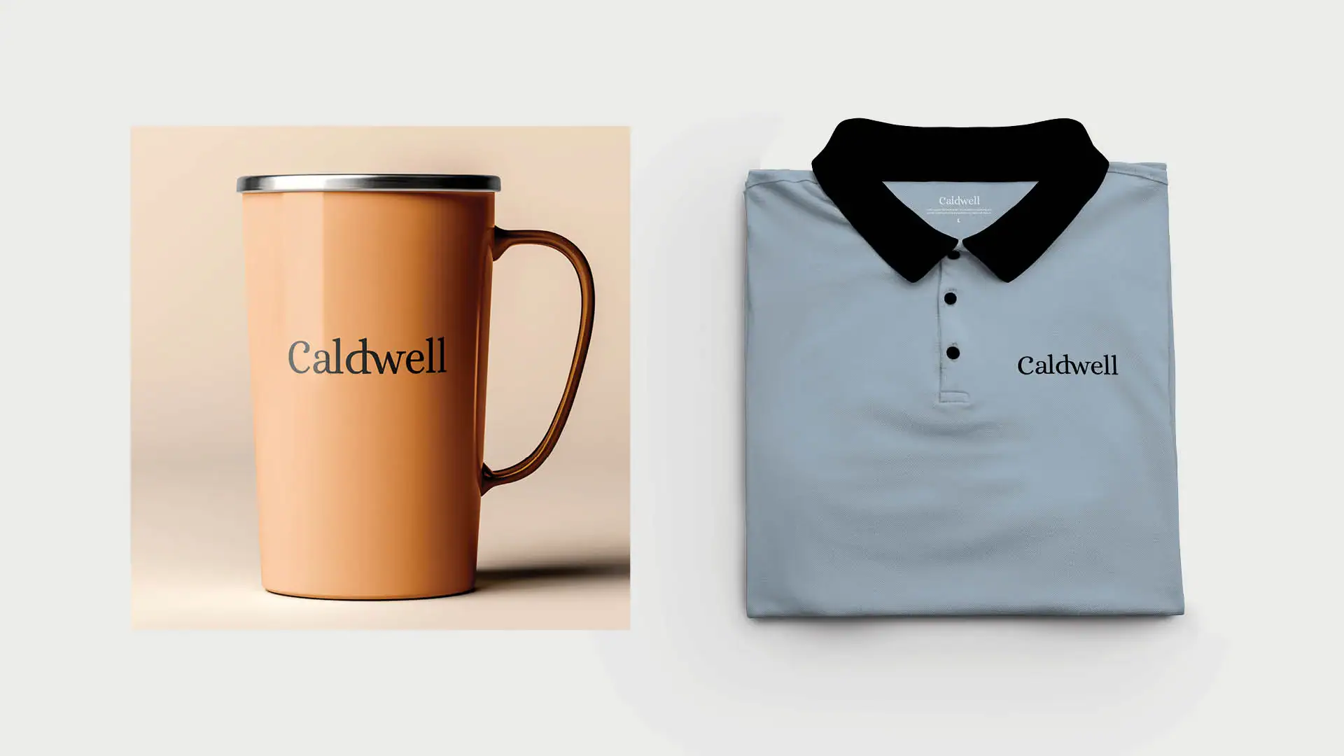 picture of the new caldwell logo printed on a golf shirt and coffee mug