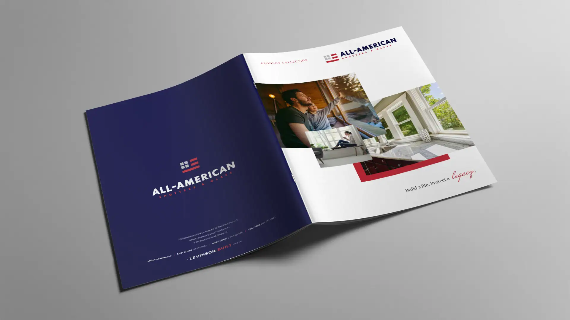 All-American shutters and glass brochure with images of windows and a family enjoying natural light.