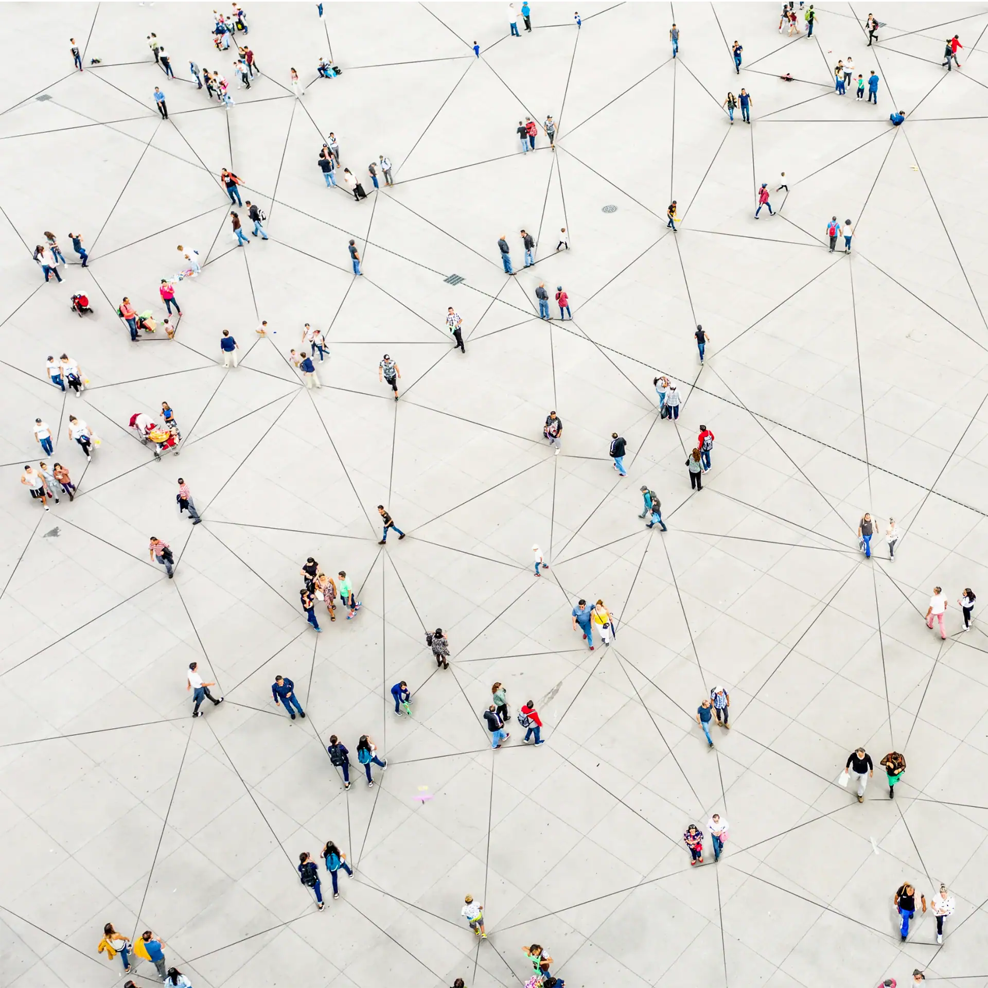 People socializing and walking, connected by lines representing social connections.