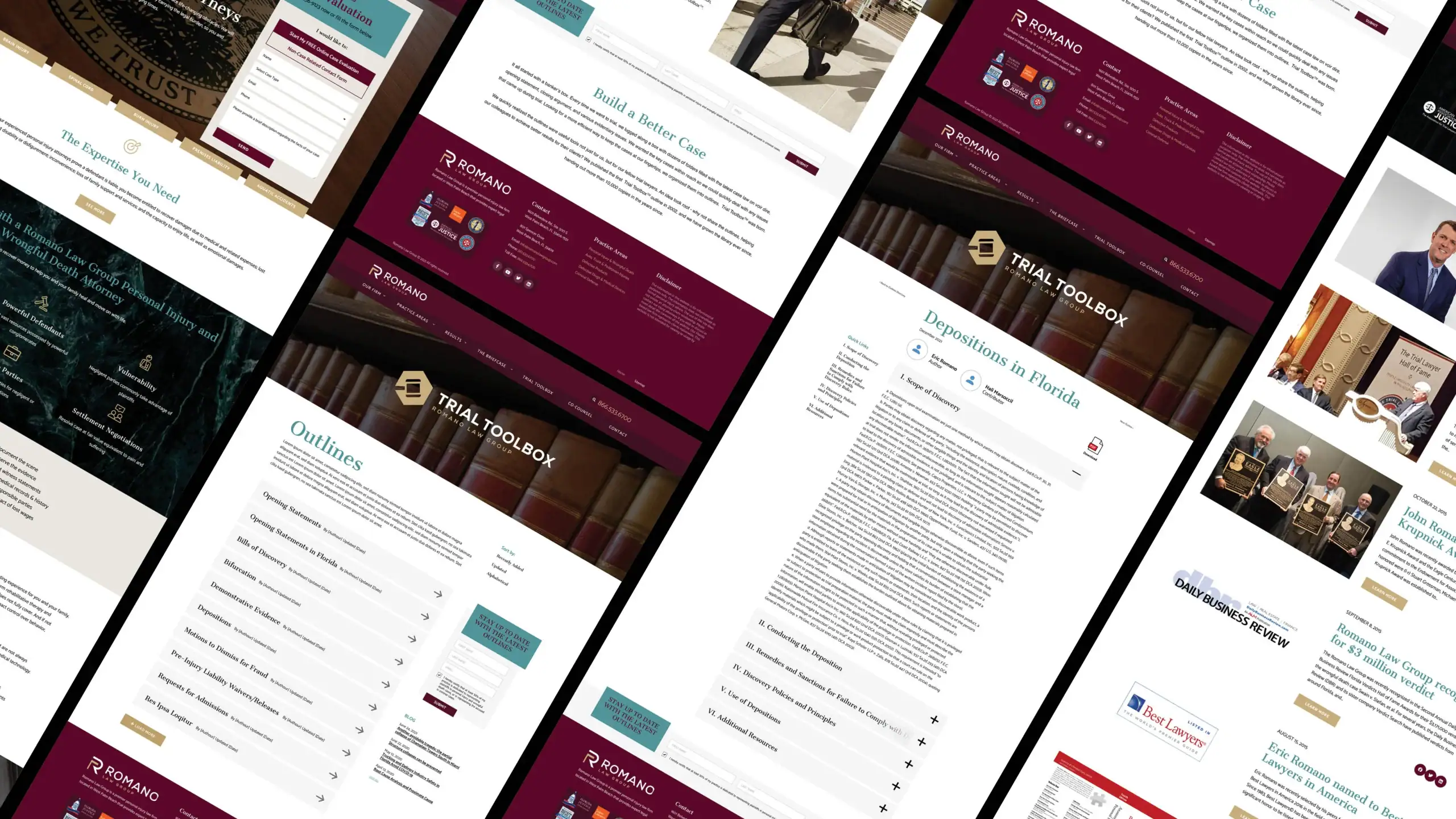 Legal case website with detailed case outlines and depositions in Florida.