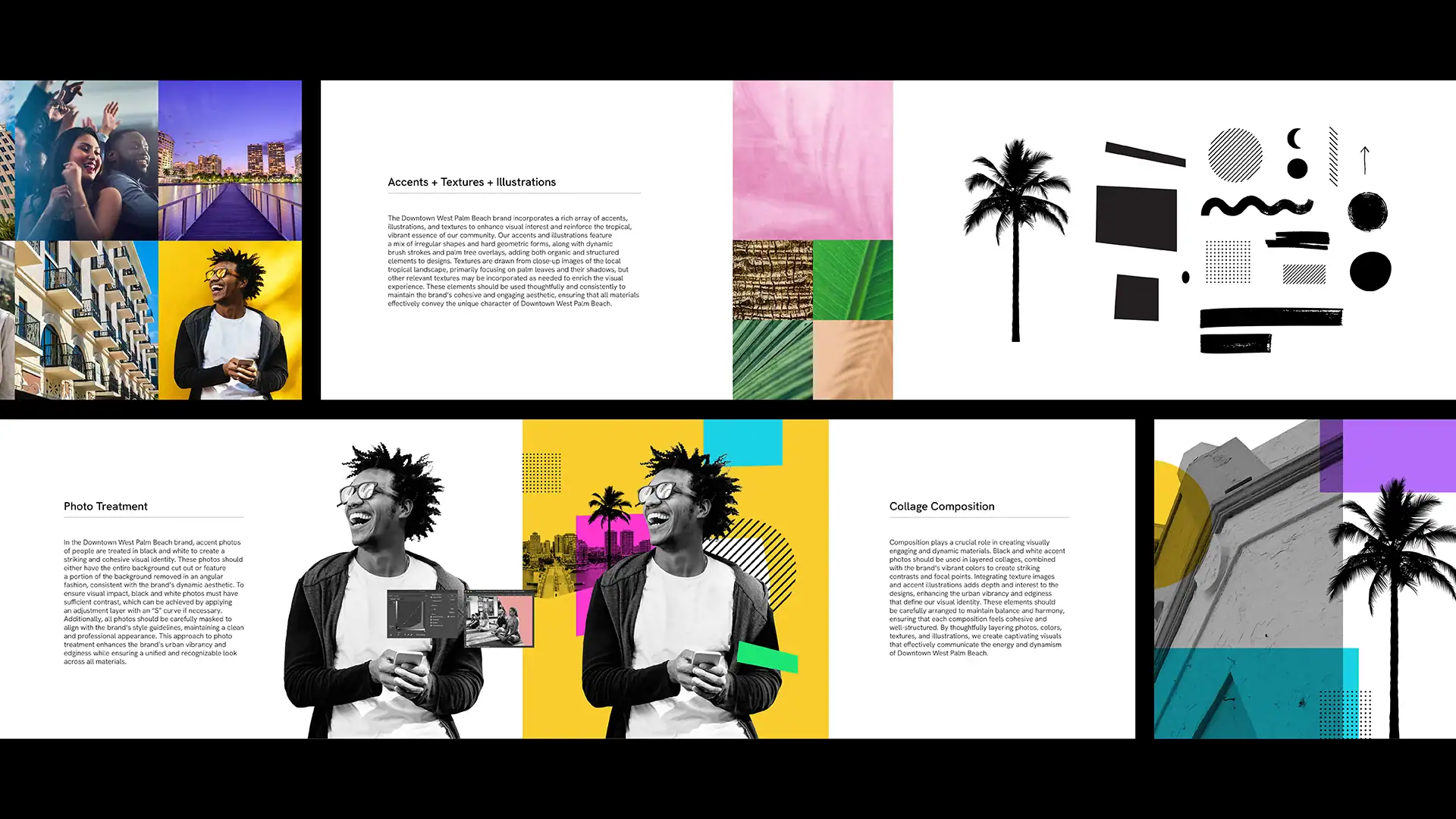 Modern collage featuring vibrant colors, palm trees, and urban imagery.