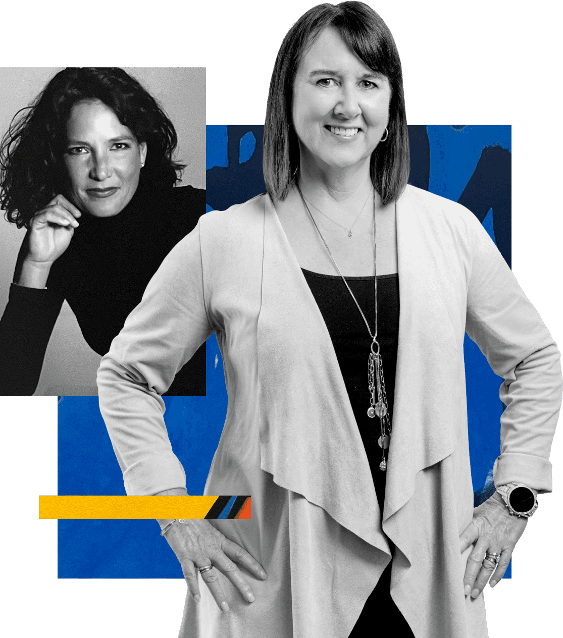 Women smiling at the camera in a professional setting.