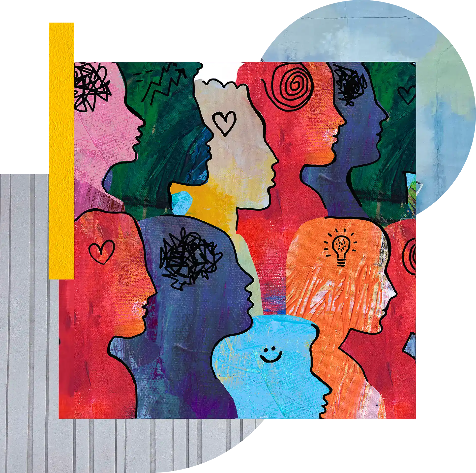 Diverse group of abstract faces with different colors and patterns, symbolizing unity and diversity.