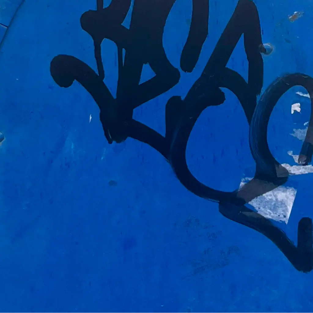 Graffiti art on a blue wall featuring black spray paint design.