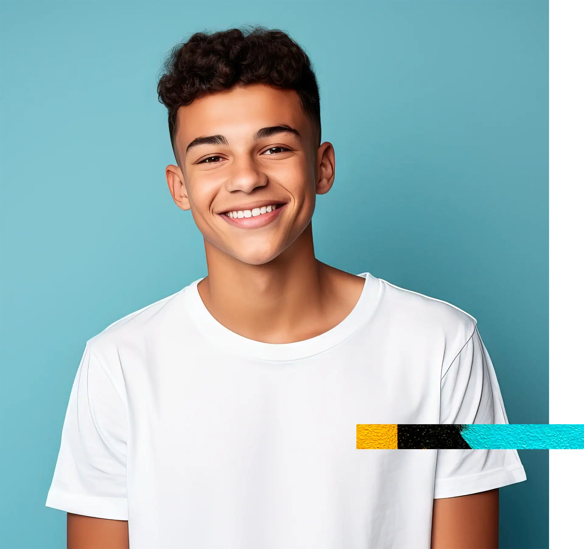 Happy teenage boy smiling, casual white t-shirt, bright blue background, cheerful expression.