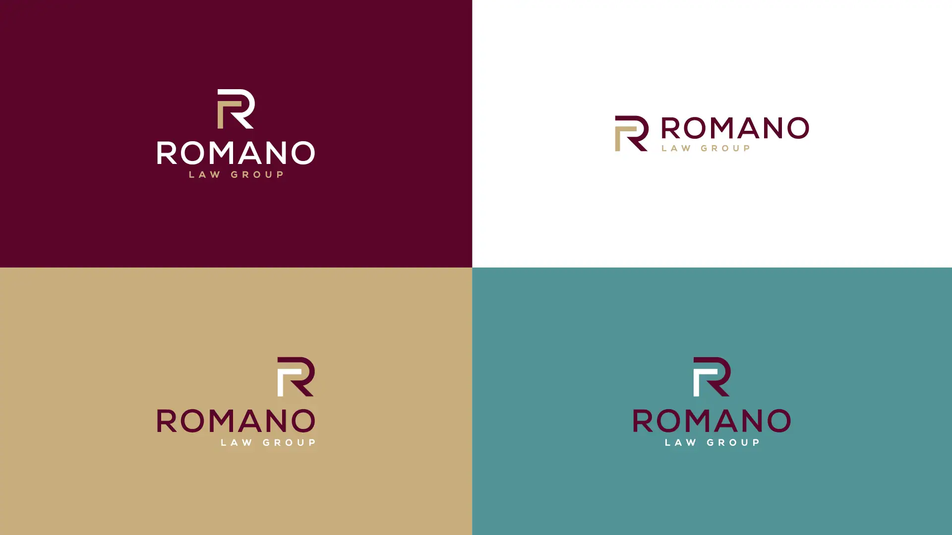Mock up of new Romano Law group Logo on different color backdrops