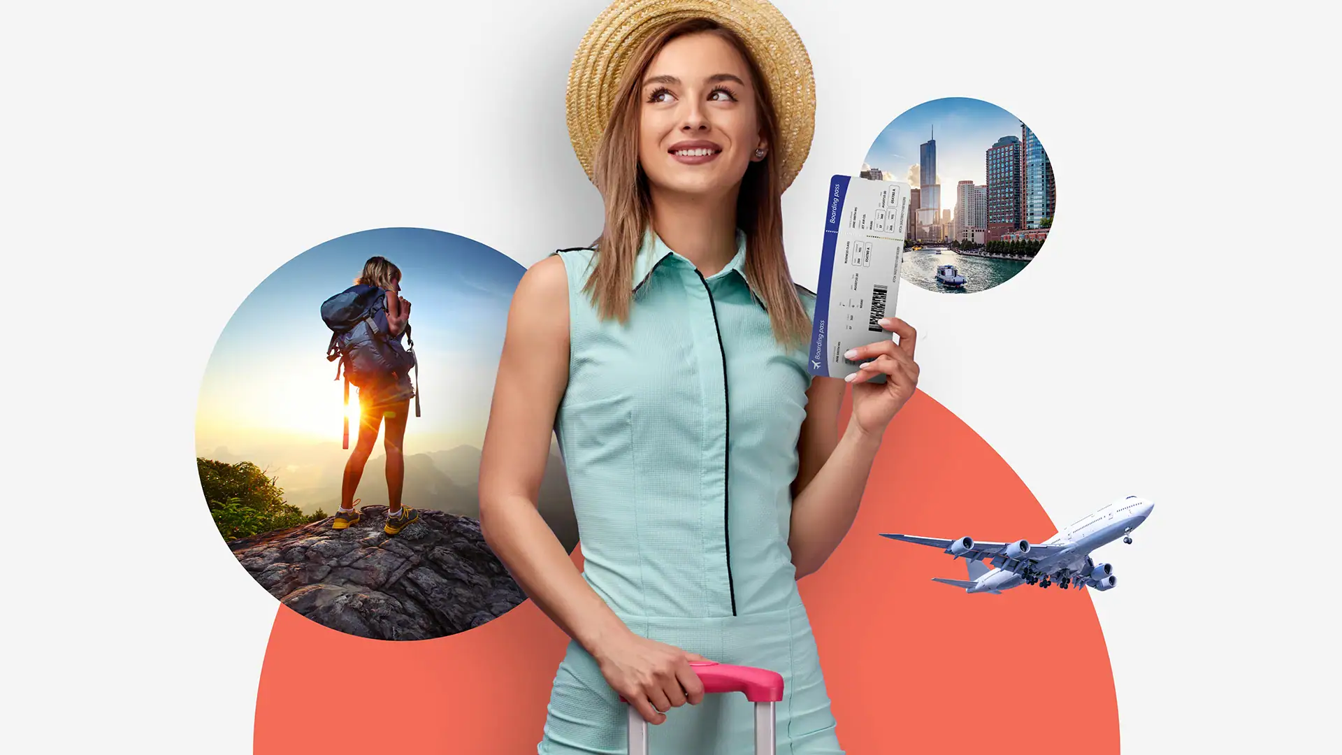 Middle aged woman holding plane ticket with a plane in the background, a city sky line and another woman holding a hiking backpack