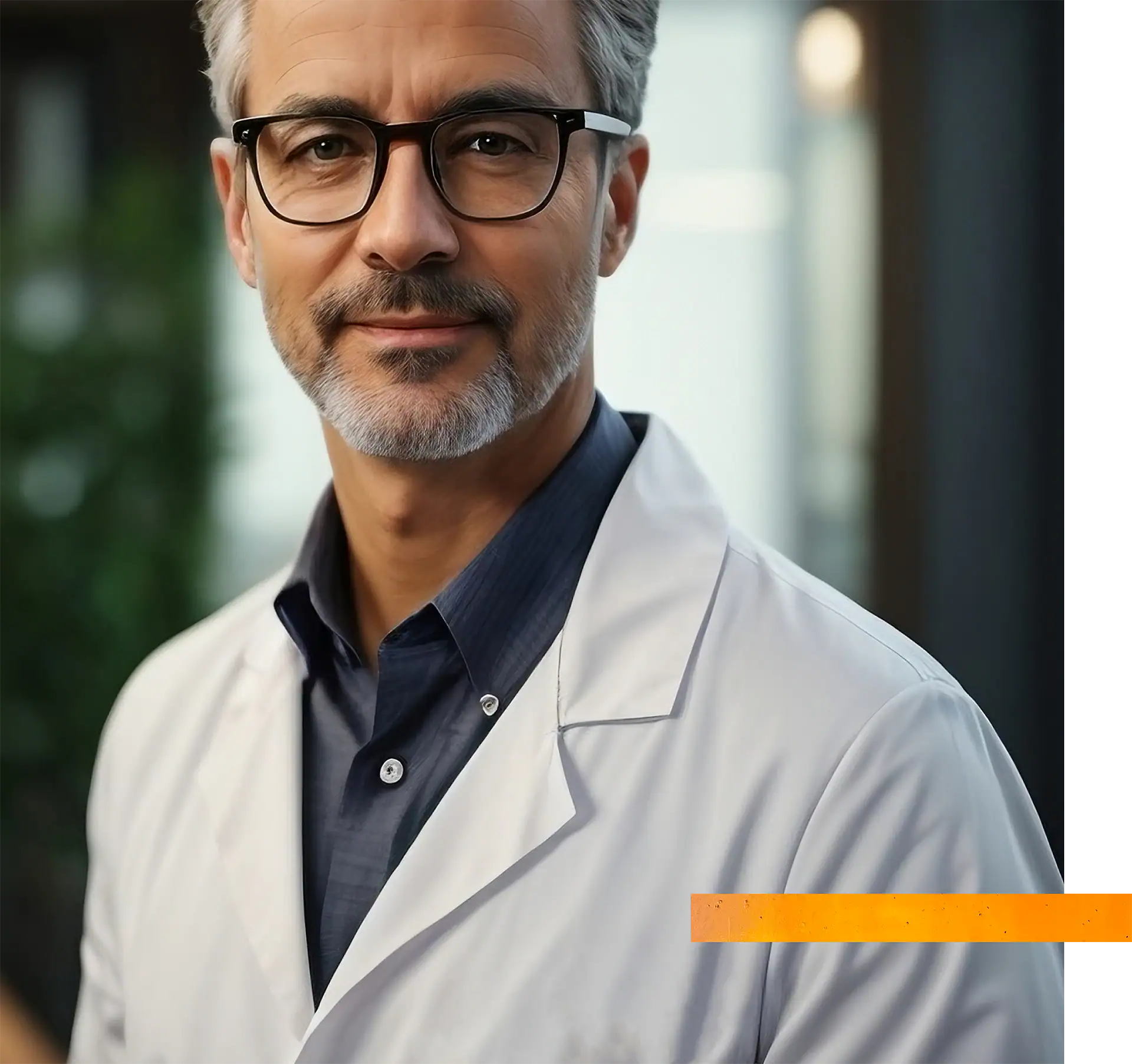 Doctor in professional attire, smiling confidently, with a blurred background.