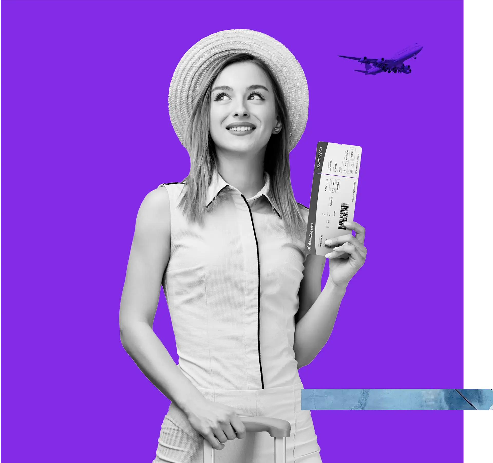 Travel woman holding boarding pass at airport with airplane in background.