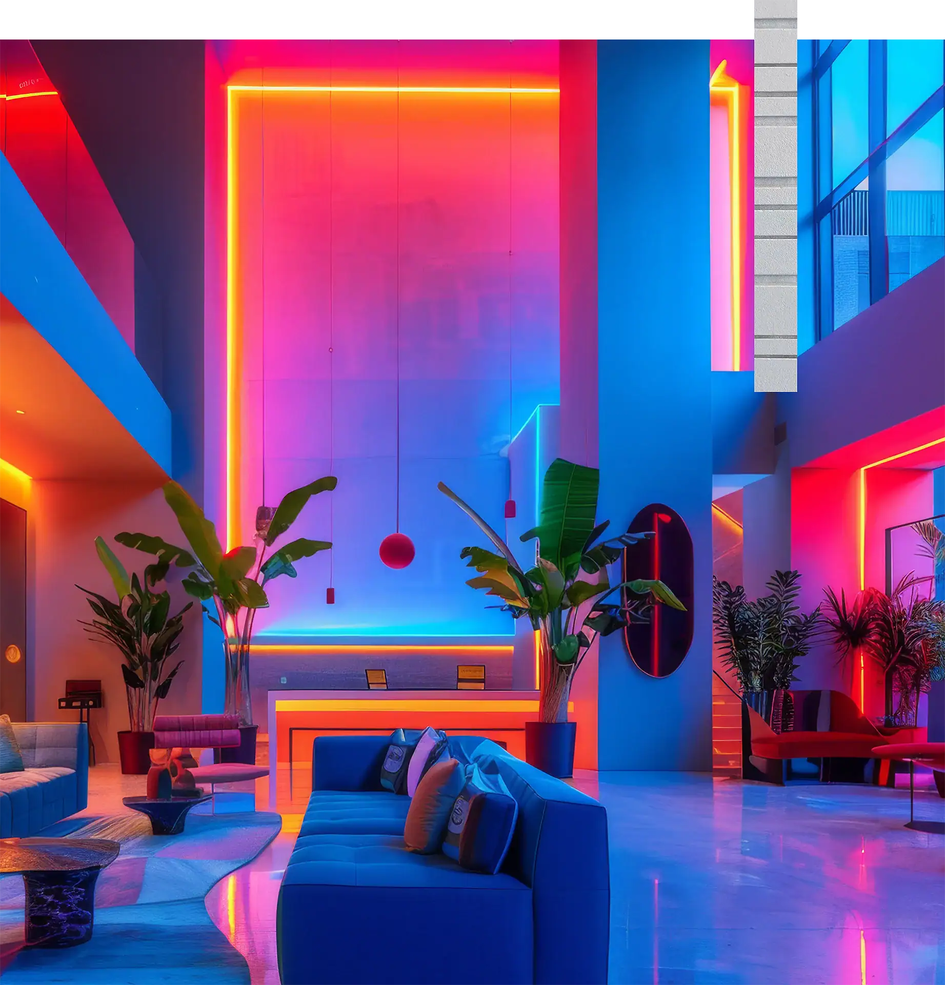 Neon-lit hotel lobby with colorful lighting, modern decor, and tropical plants.
