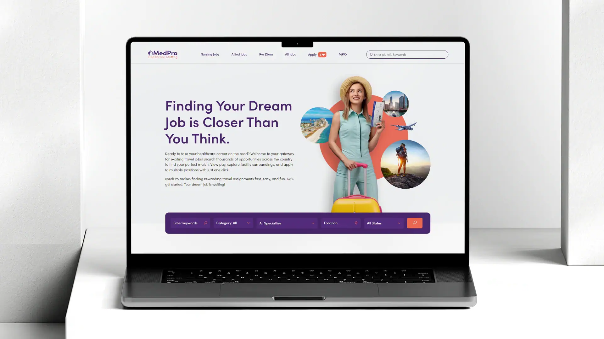 Laptop with mock up of a new website design for MedPro
