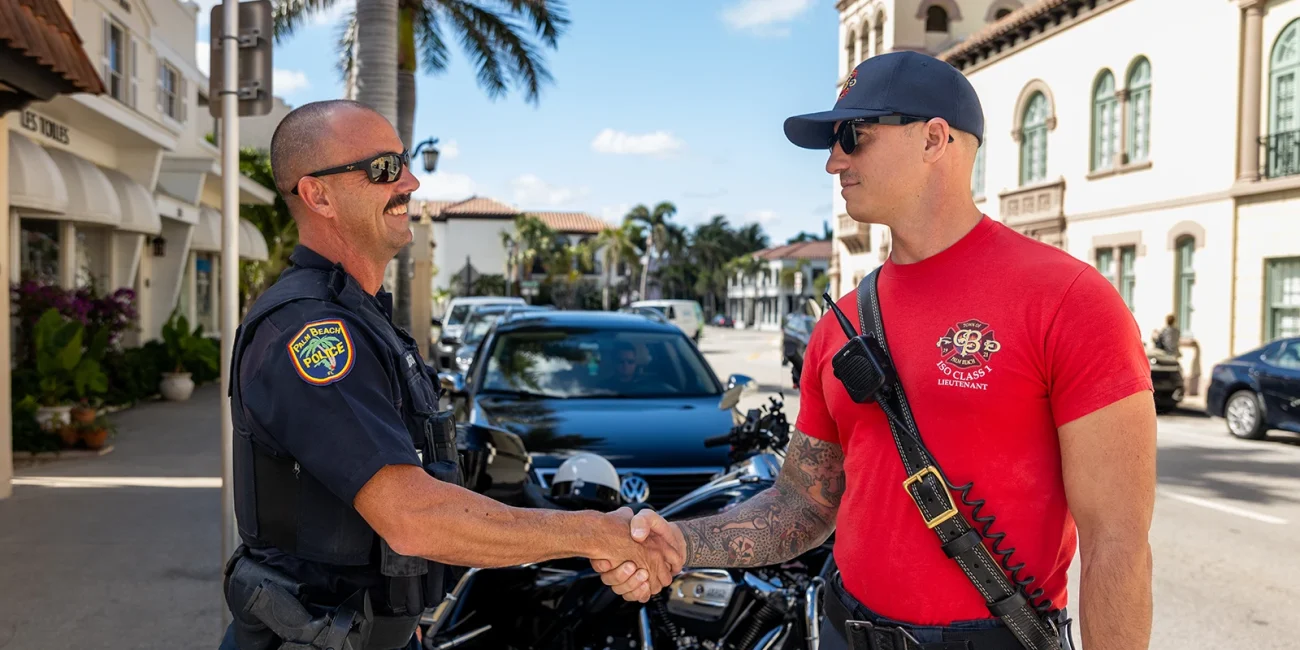 policeman and firefighter shaking hands