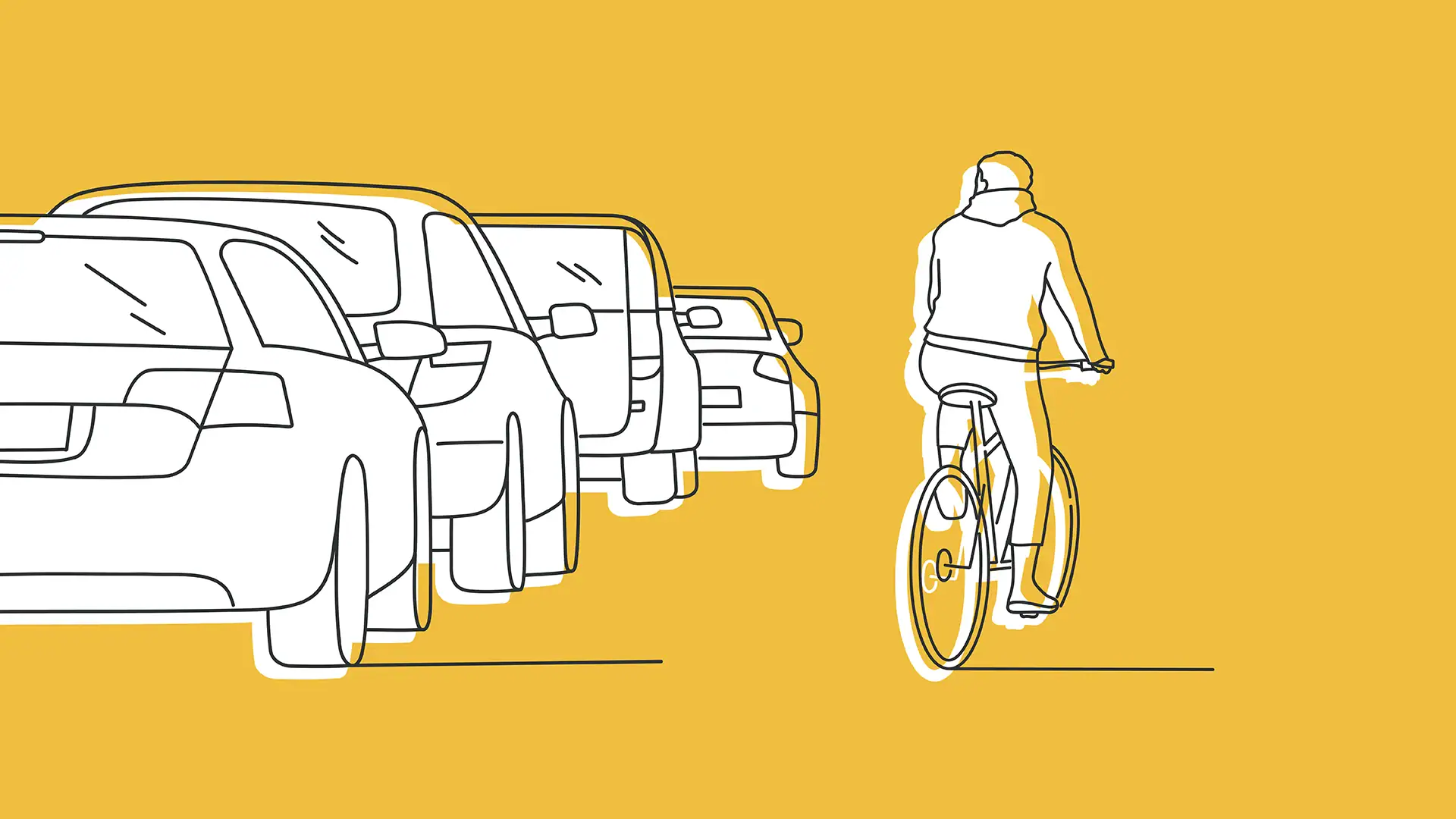 Line art of cars and a cyclist on a yellow background.