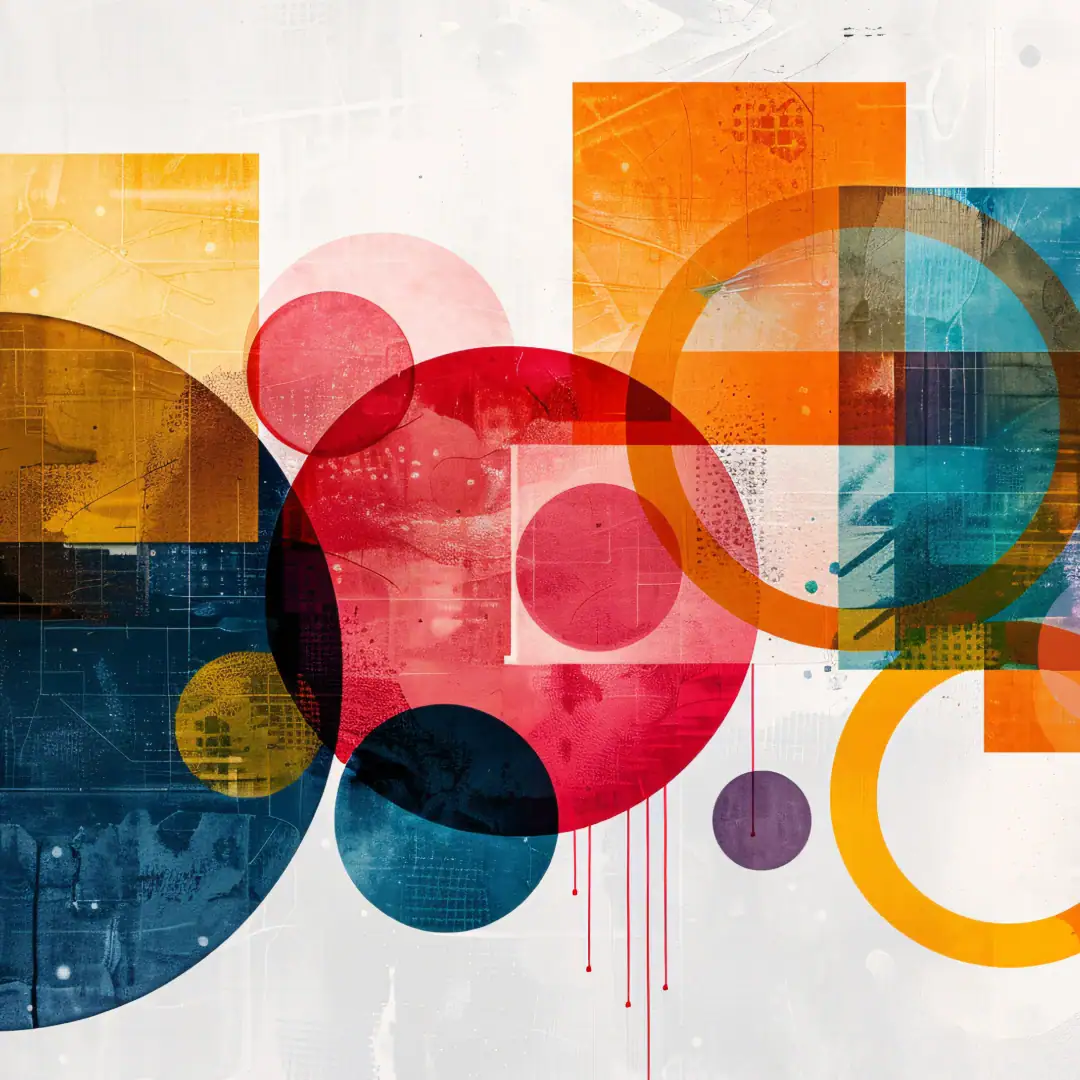 different colored squares and circles painted on a white background