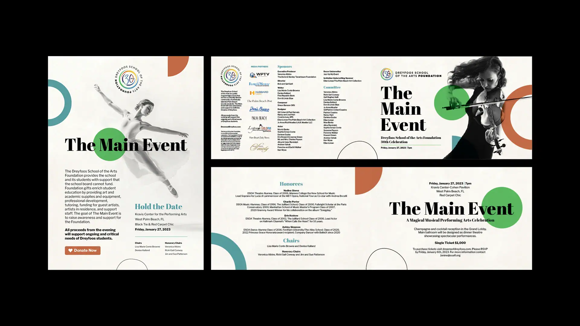 Dreyfoos School of the Arts Foundation event poster featuring dancers and celebration information.