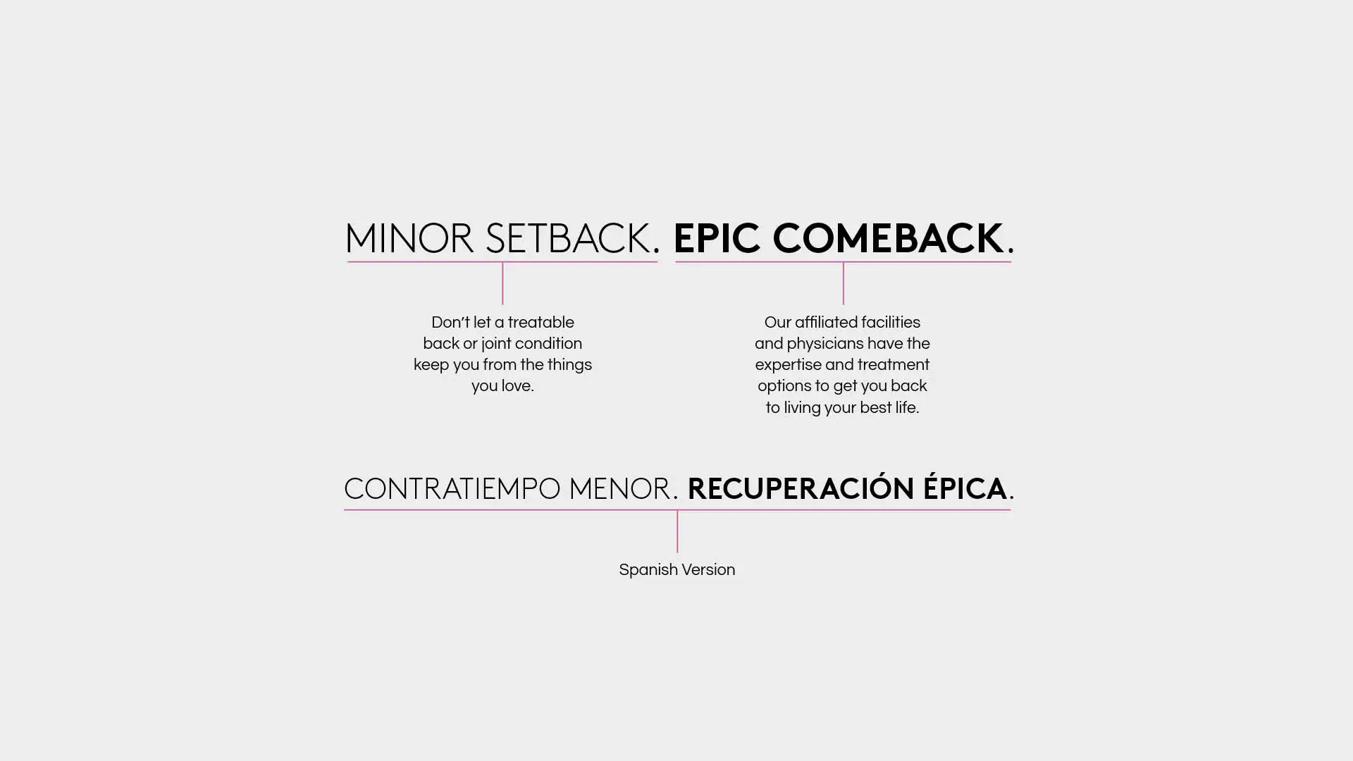 the words minor setback. epic comeback written in english then Spanish translation