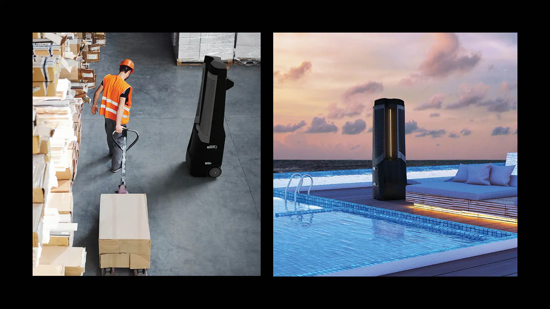 picture of a guy working in a warehouse being cooled by a vector unit. scenic picture of a vector unit outside by the pool