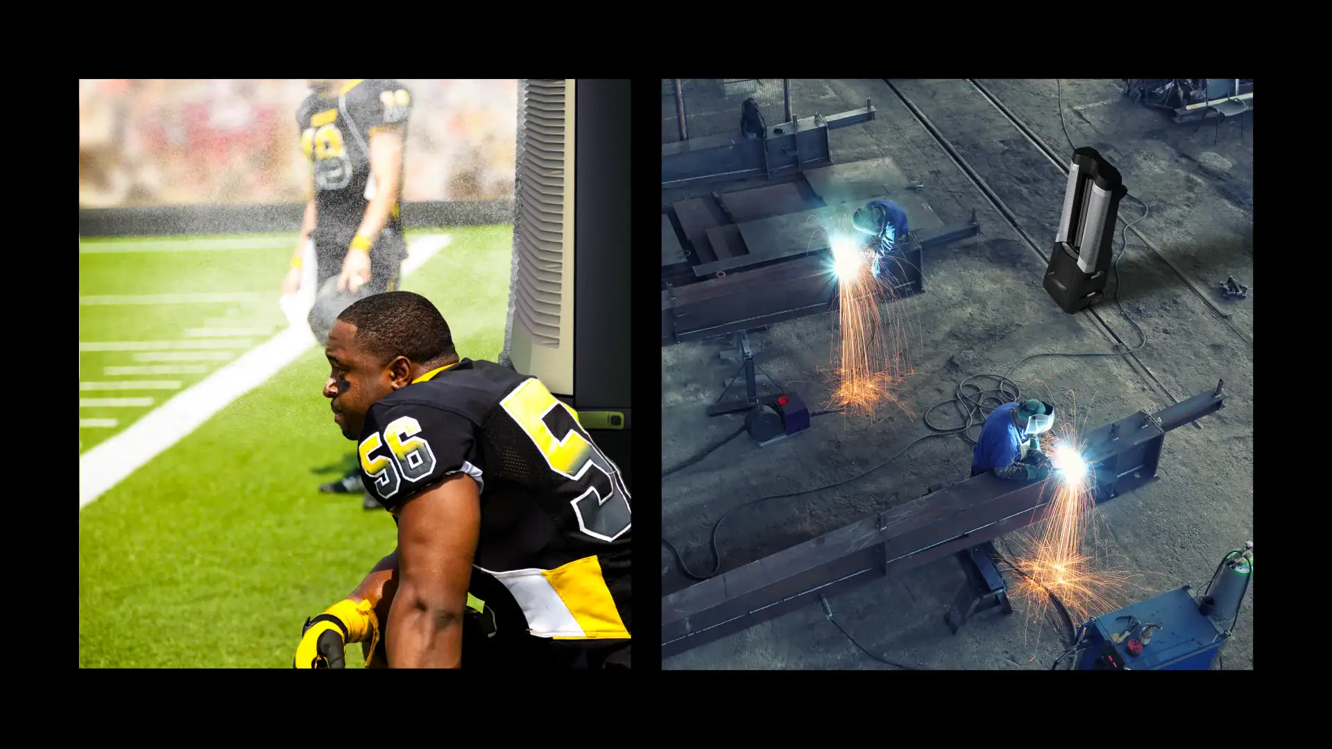 one picture of a football player on the sideline with a vector cooling system. another picture of 2 people working heavy machinery in a warehouse being cooled by a vector cooling unit