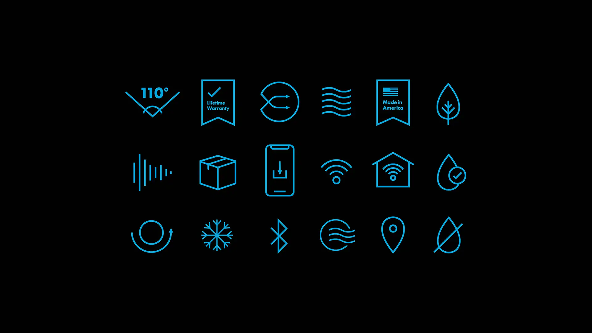 Smart home technology icons on black background, including Wi-Fi, Bluetooth, temperature, and water.