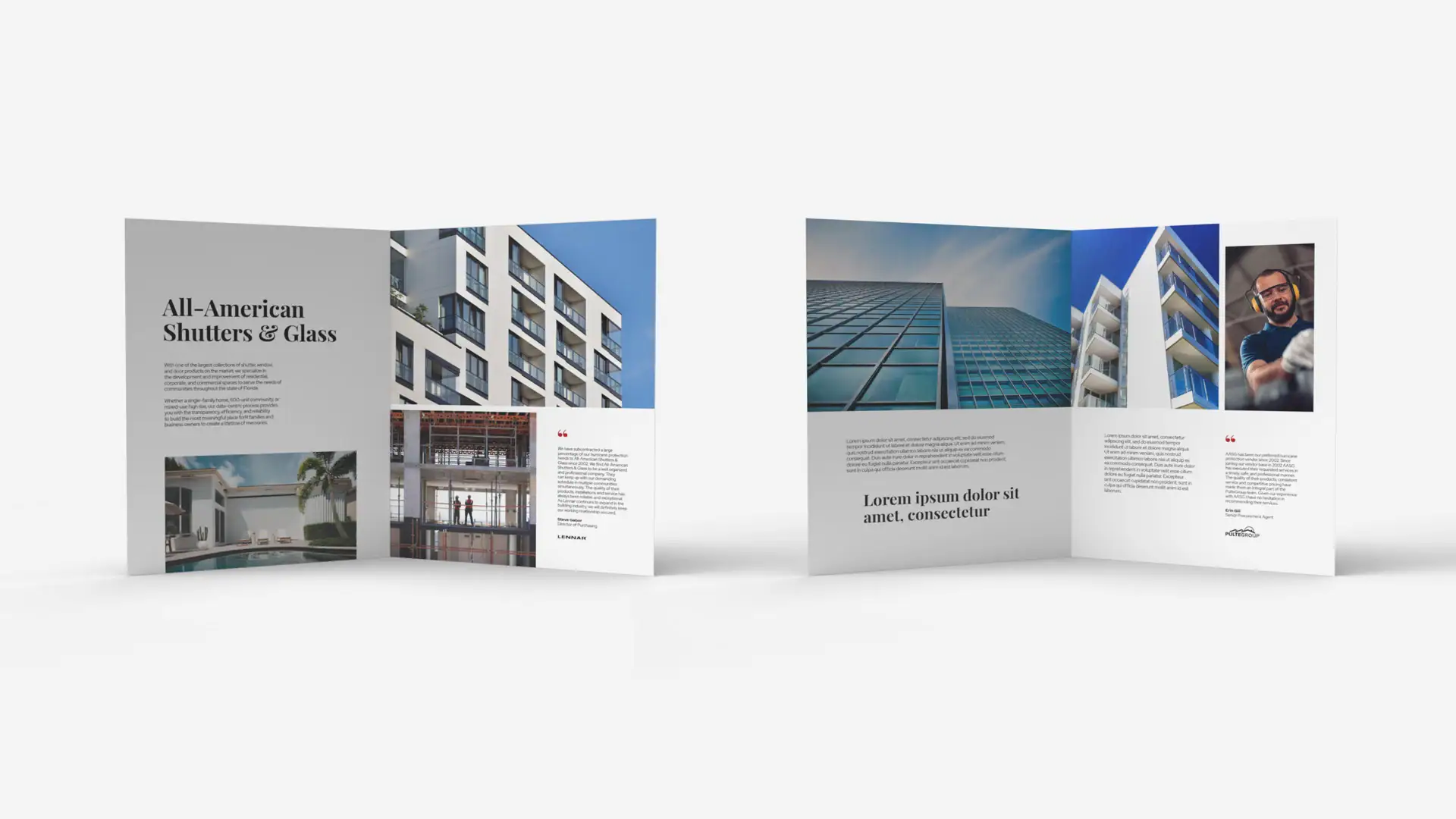 Elegant brochure with images of contemporary buildings and construction workers.