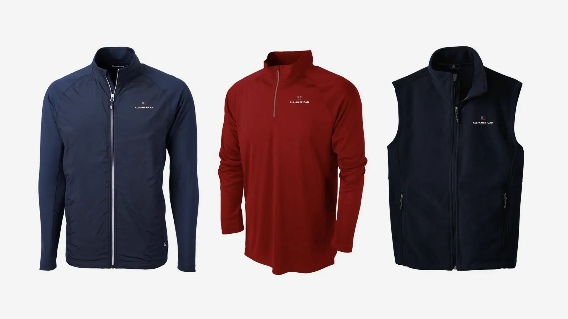 Lightweight men's and women's jackets and vests in navy, red, and black with "All-American" logo. Perfect for outdoor activities and casual wear.