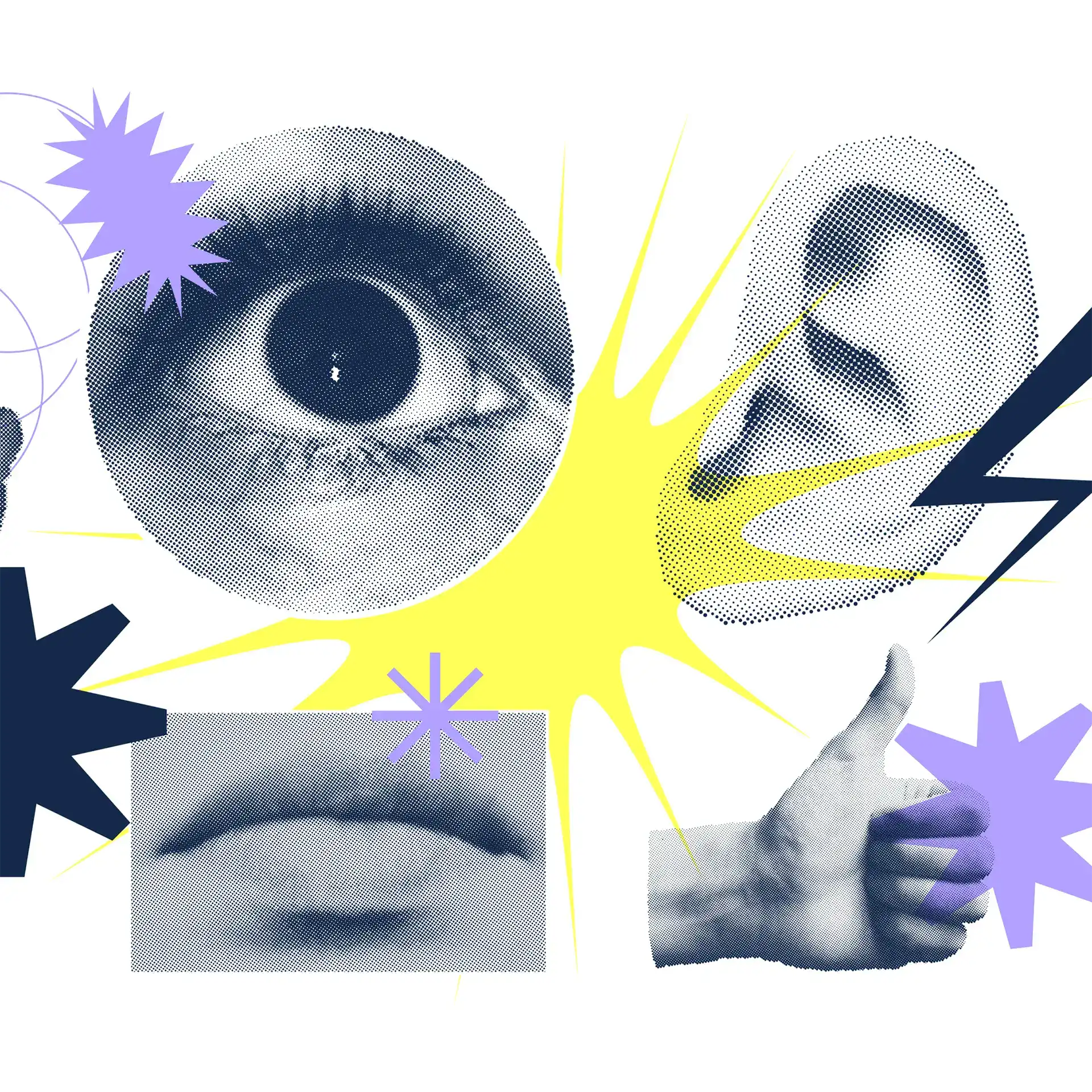 Close-up of a large eye with a smaller eye and lips in a pop art style.