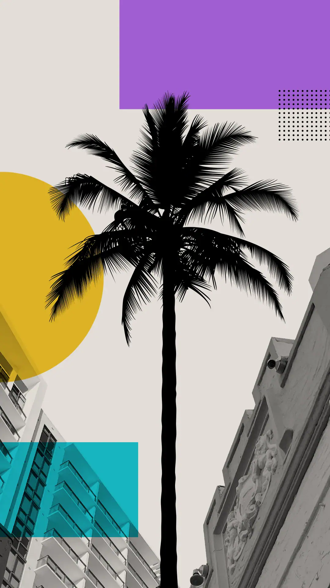 An artistic black silhouette of a palm tree against a modern cityscape with vibrant purple, yellow,.