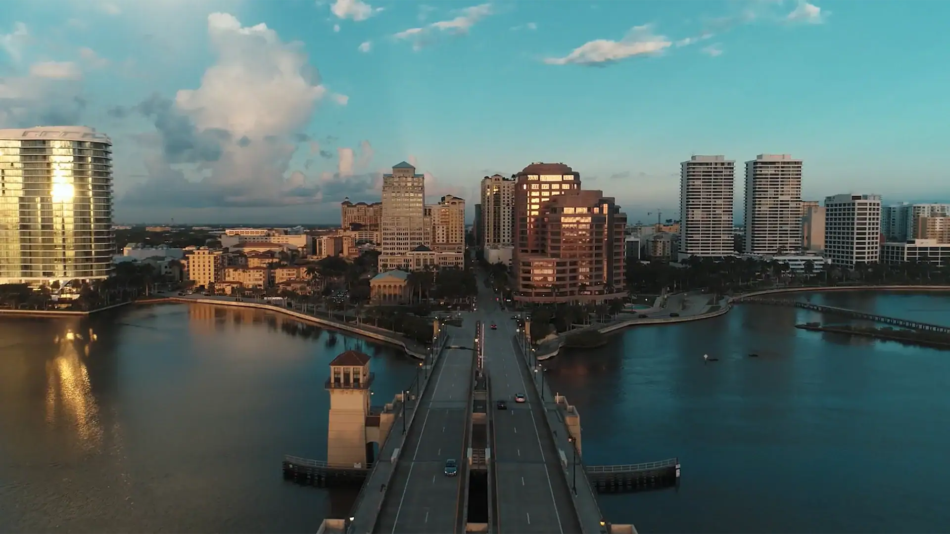 Drone shot of West Palm Beach, FL at sunset.