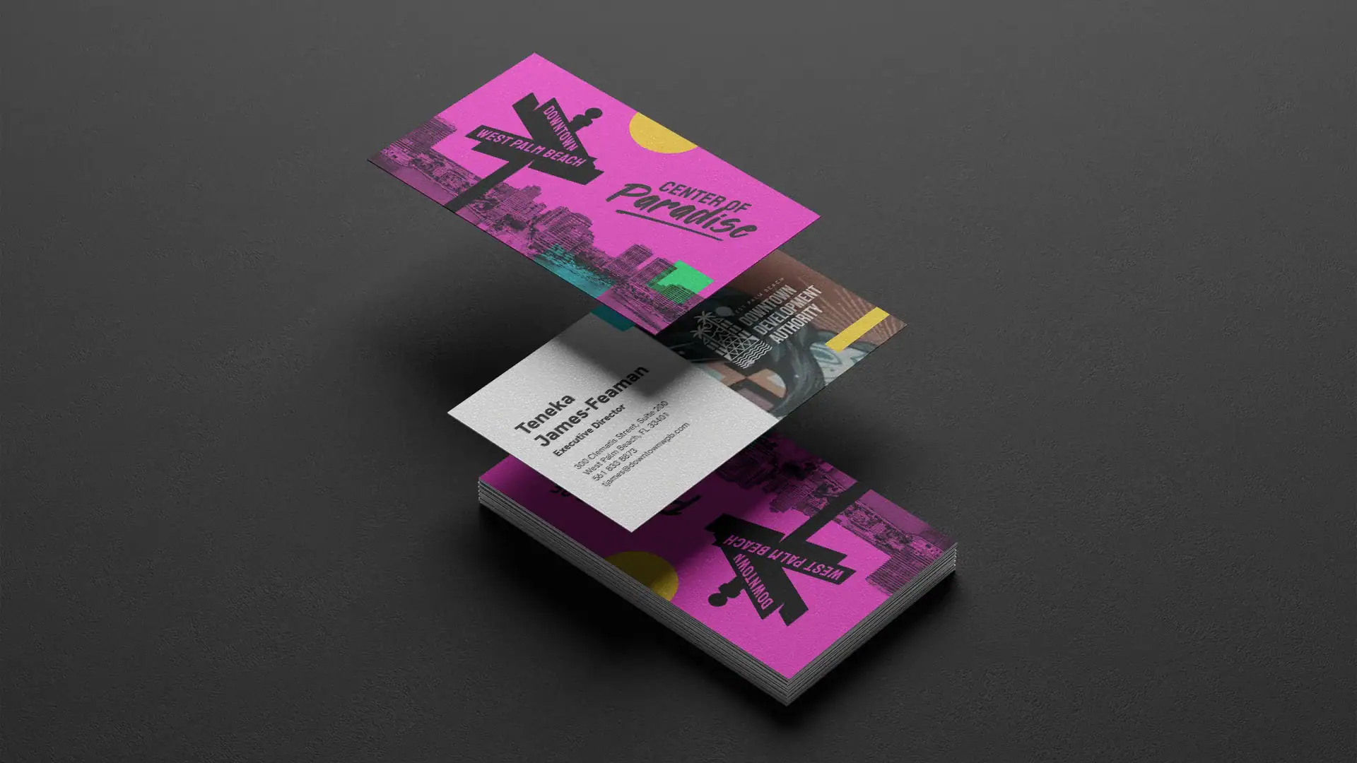 Modern business card design with vibrant colors and bold graphics for branding.