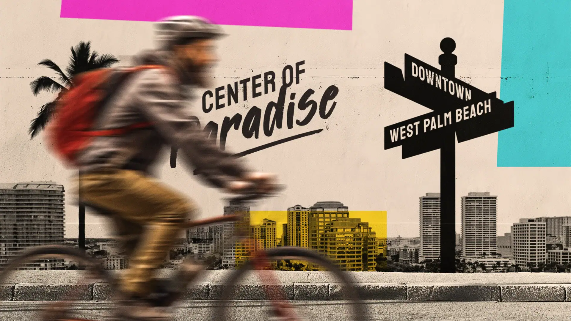 Modern urban scene with cyclist and vibrant street art in West Palm Beach.