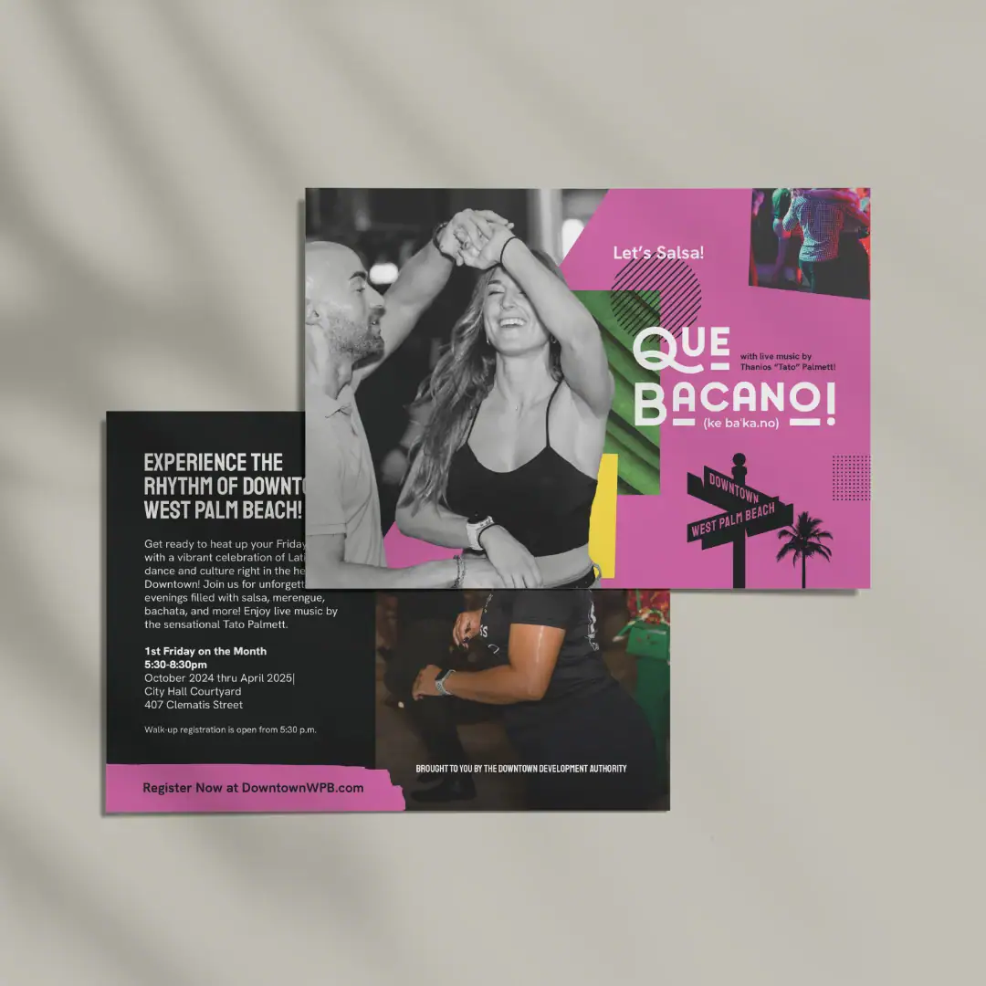 Vibrant salsa dance event flyer in West Palm Beach with colorful design and dancing couple.