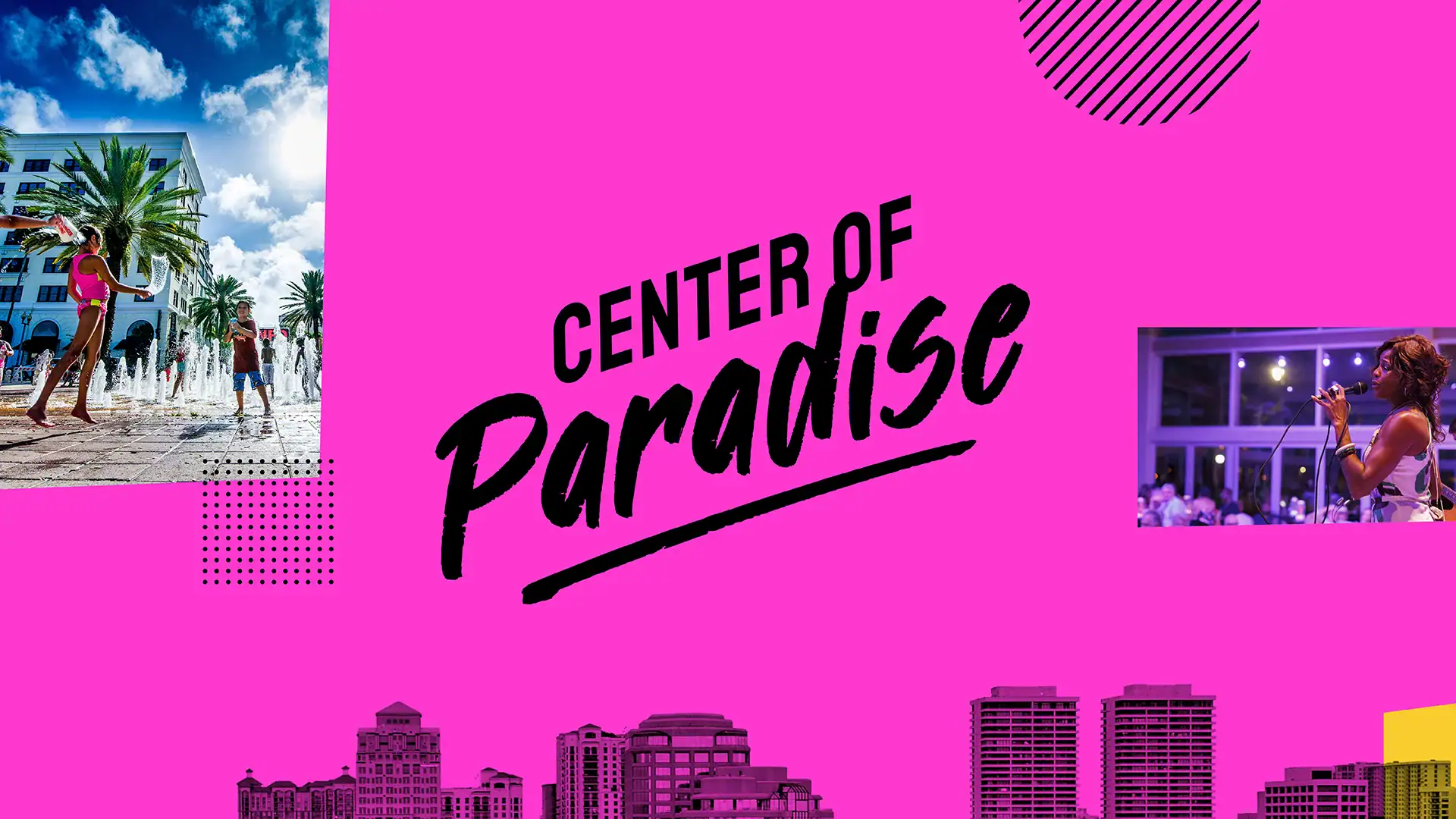 Bright pink background with the text "Center of Paradise" in bold black font.