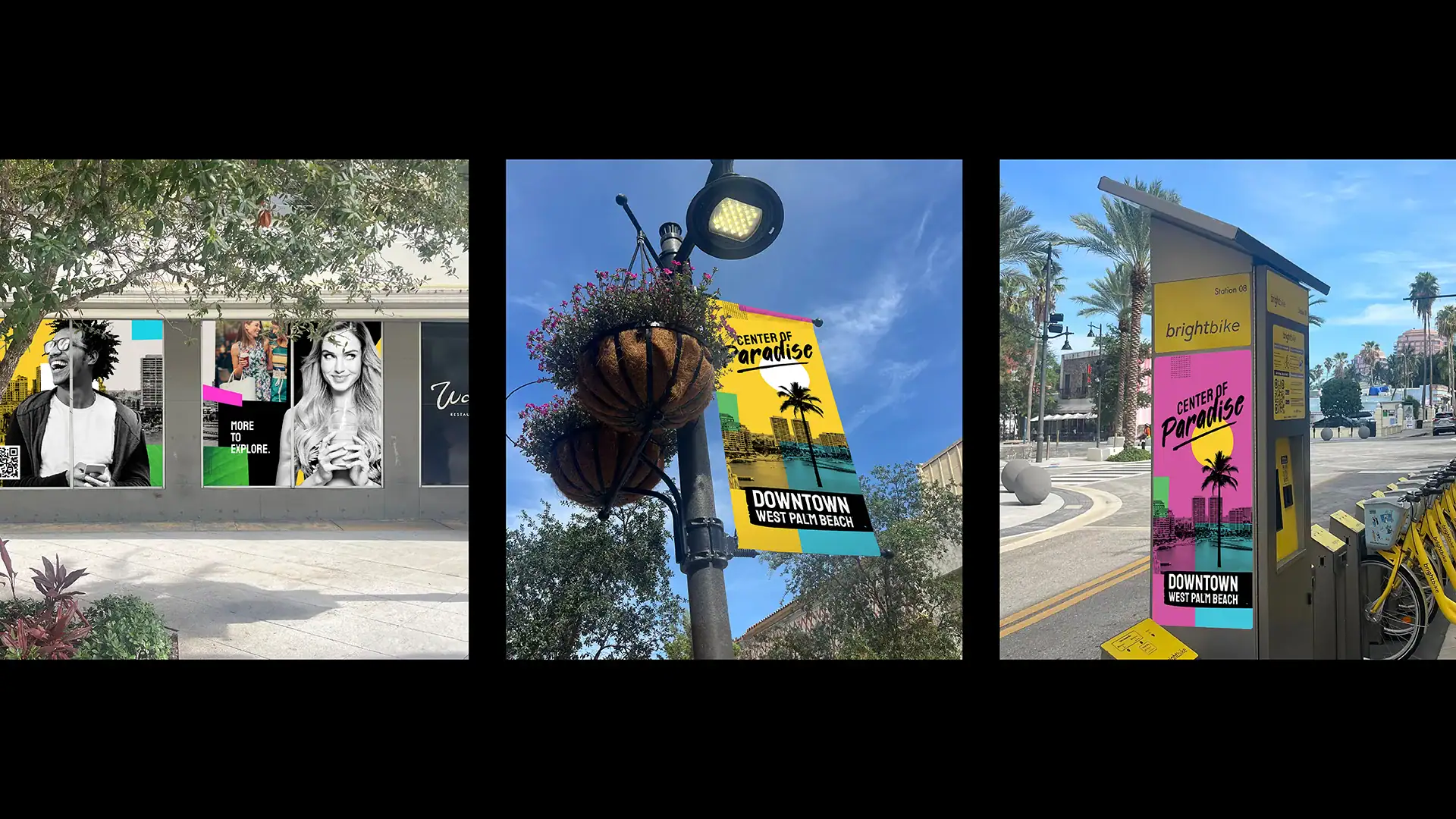 Bright, colorful street banners and signage promoting Downtown West Palm Beach and Center of Paradis.