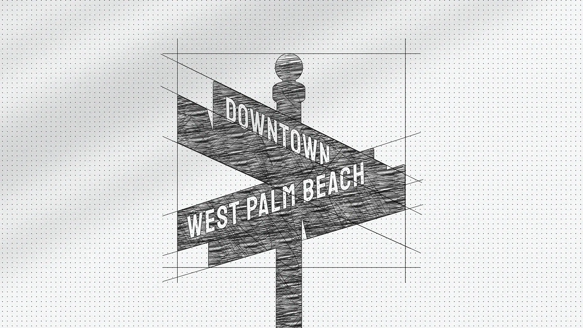 Street sign pointing to Downtown West Palm Beach, Florida, with a sketch-style design.