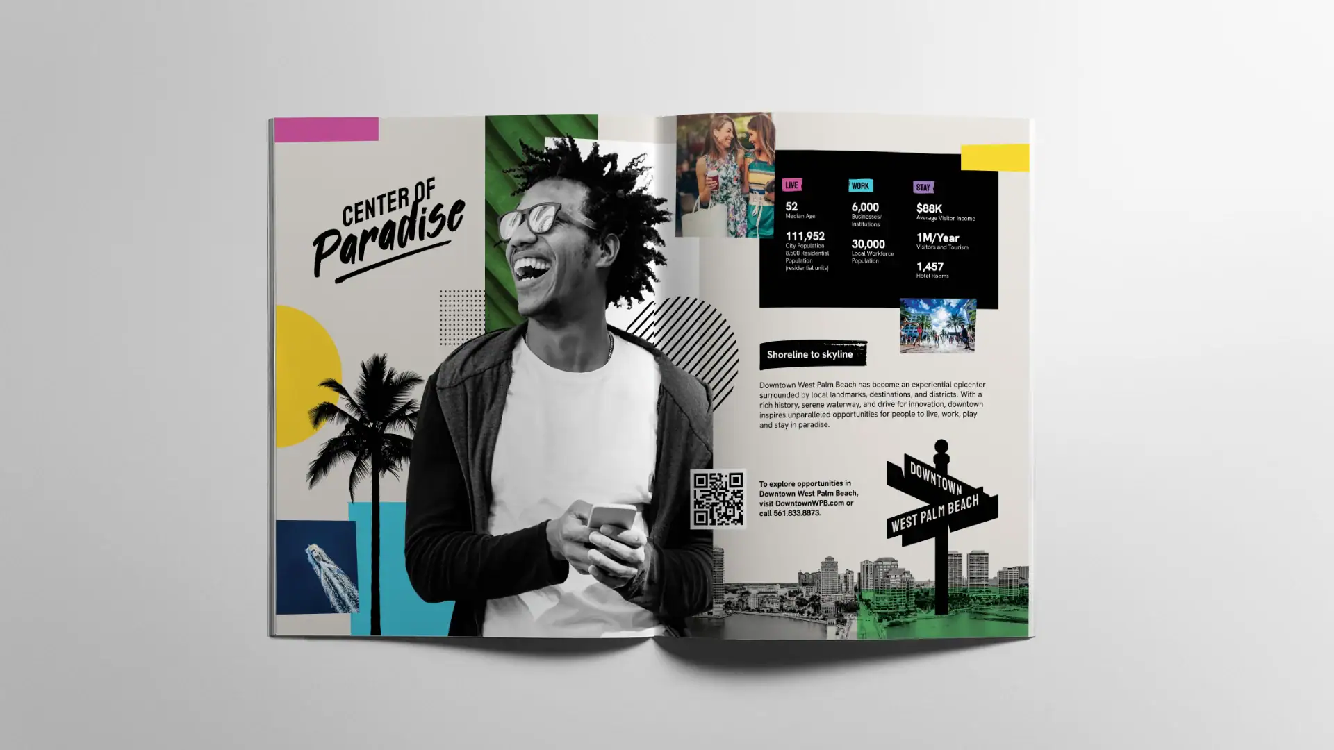 Bright city brochure featuring Palm Beach skyline, travel info, and colorful design.