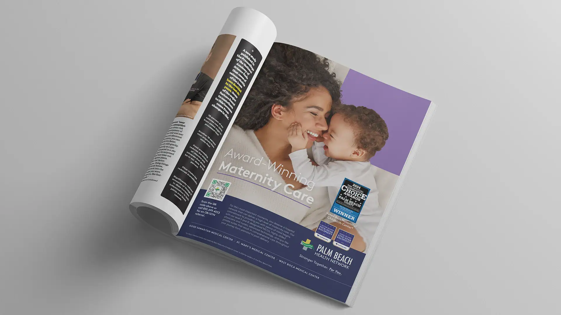 Maternity care advertisement featuring a smiling mother and child, highlighting award-winning servic.